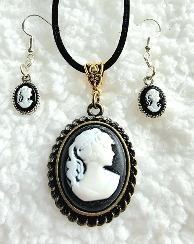 Classic White Cameo Oval Pendant Necklace and Lightweight Cameo Drop Earring Jewelry Set