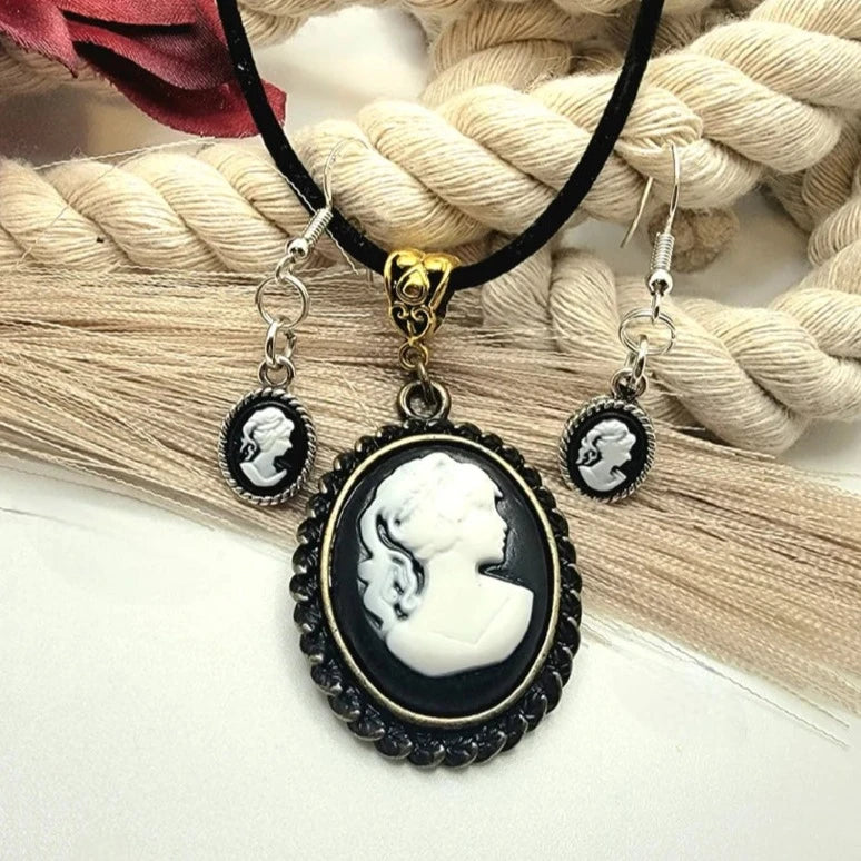 Classic White Cameo Oval Pendant Necklace and Lightweight Cameo Drop Earring Jewelry Set