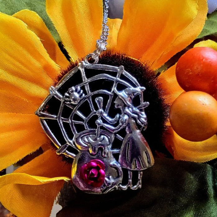 Cauldron Stirring Witch Necklace, Mystical Enchantress Brew