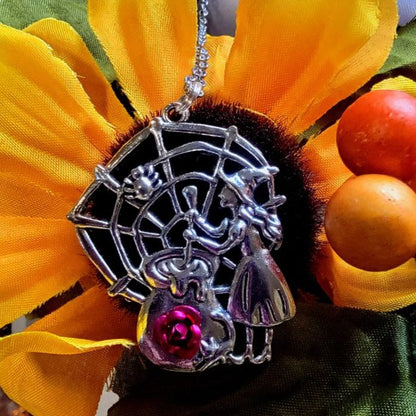 Cauldron Stirring Witch Necklace, Mystical Enchantress Brew