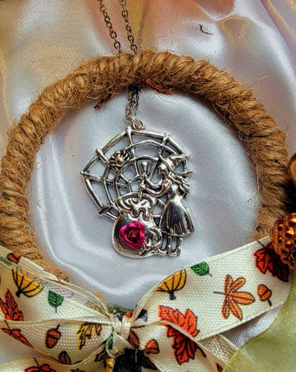 Cauldron Stirring Witch Necklace, Mystical Enchantress Brew