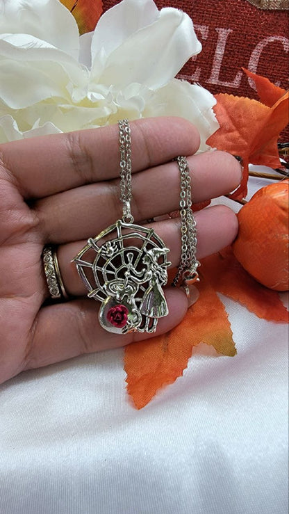 Cauldron Stirring Witch Necklace, Mystical Enchantress Brew