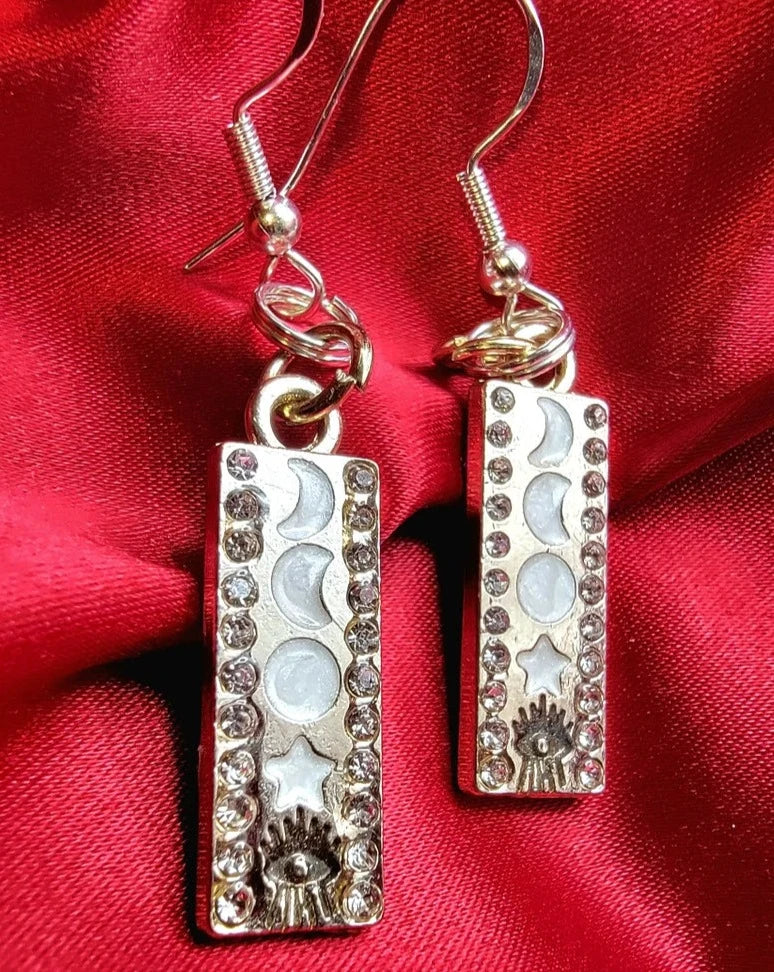 Silver Celestial Phase Earring, Elegant Dangle w/ Cosmic Design, Lunar Moon Pendant, Night Sky Jewelry