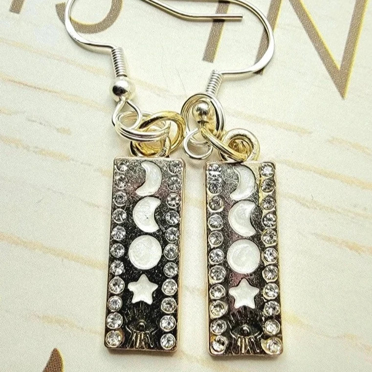 Silver Celestial Phase Earring, Elegant Dangle w/ Cosmic Design, Lunar Moon Pendant, Night Sky Jewelry