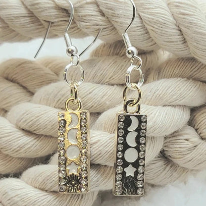 Silver Celestial Phase Earring, Elegant Dangle w/ Cosmic Design, Lunar Moon Pendant, Night Sky Jewelry