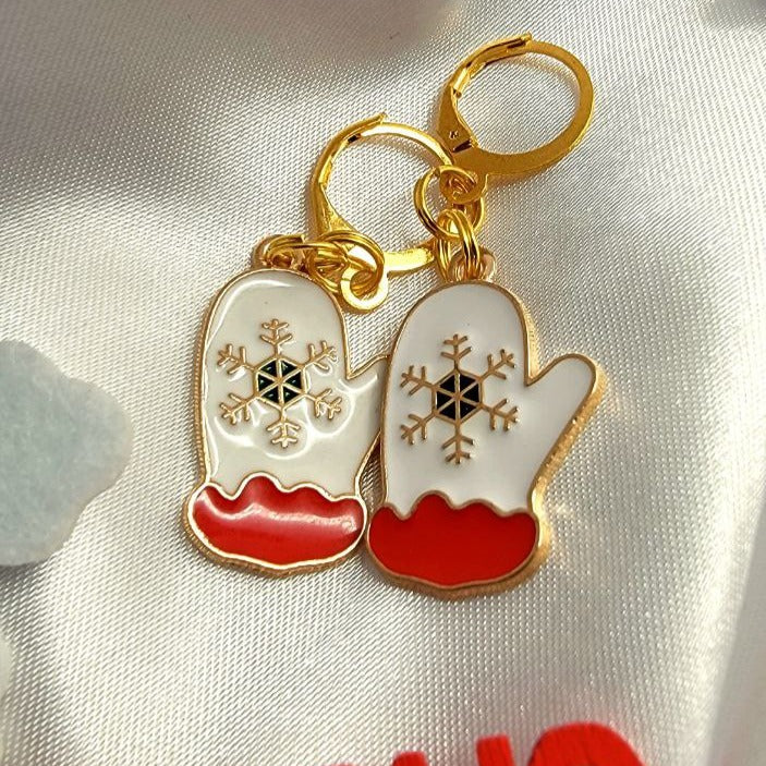 Warm Winter Mitten Earring, Unique Christmas Gift for Her, Red & White Holiday Dangle, Holiday Party Drop, Yuletide Cheer Accessory