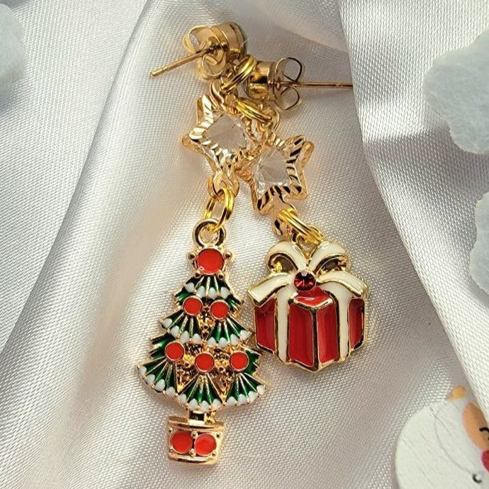 Christmas Tree & Present Mismatched Dangle Earring, Small Festive Drop