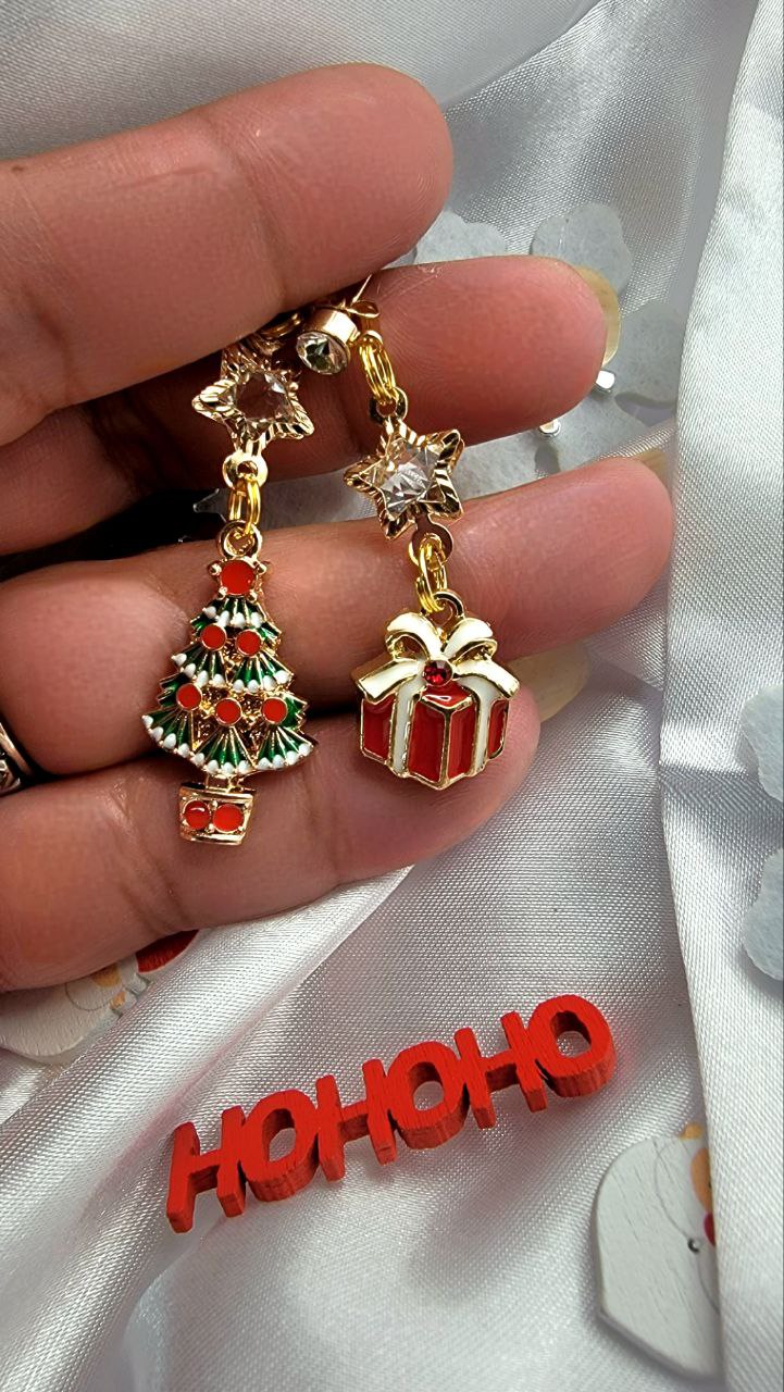 Christmas Tree & Present Mismatched Dangle Earring, Small Festive Drop