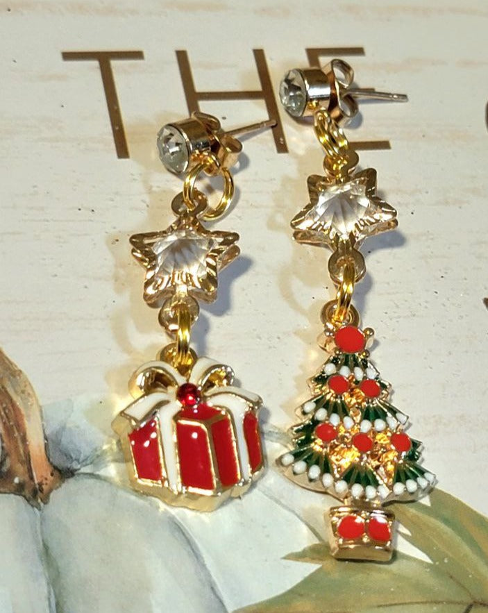 Christmas Tree & Present Mismatched Dangle Earring, Small Festive Drop