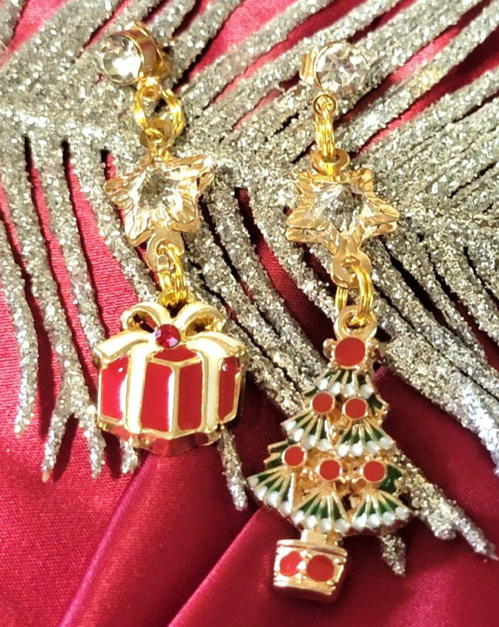 Christmas Tree & Present Mismatched Dangle Earring, Small Festive Drop