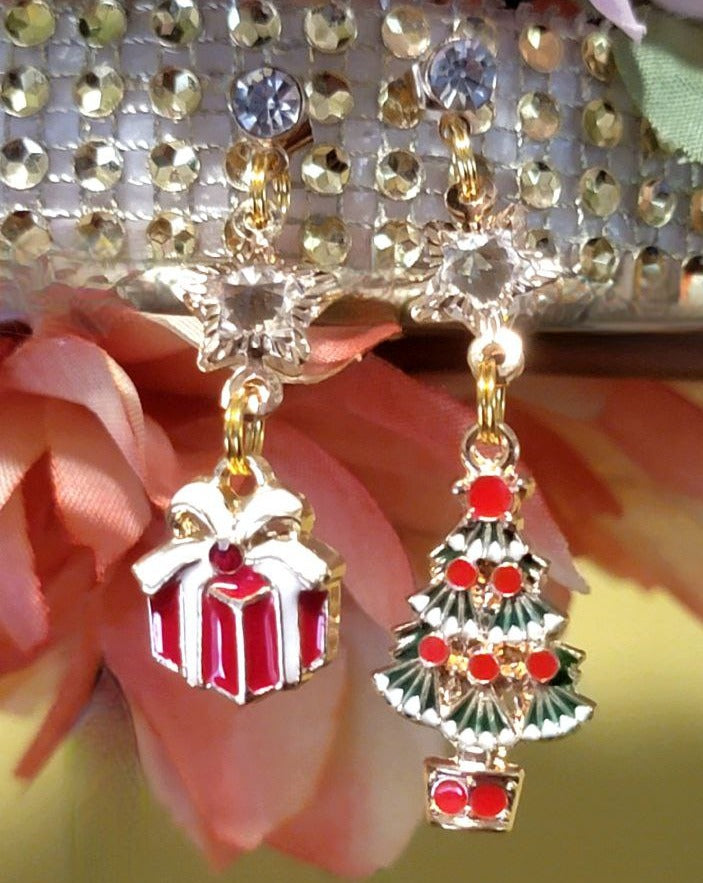 Christmas Tree & Present Mismatched Dangle Earring, Small Festive Drop