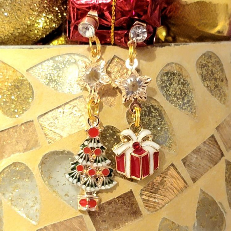 Christmas Tree & Present Mismatched Dangle Earring, Small Festive Drop