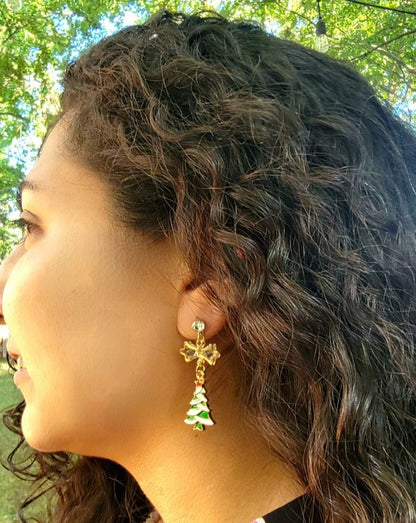 Christmas Tree Drop Earrings, Elegant Dangle for Holiday Parties, Shimmering Yuletide Accessory