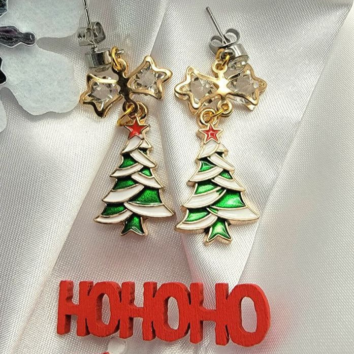 Christmas Tree Drop Earrings, Elegant Dangle for Holiday Parties, Shimmering Yuletide Accessory