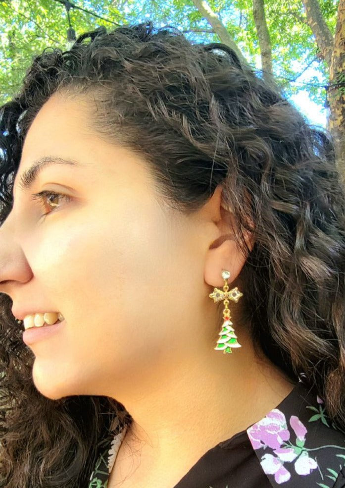 Christmas Tree Drop Earrings, Elegant Dangle for Holiday Parties, Shimmering Yuletide Accessory