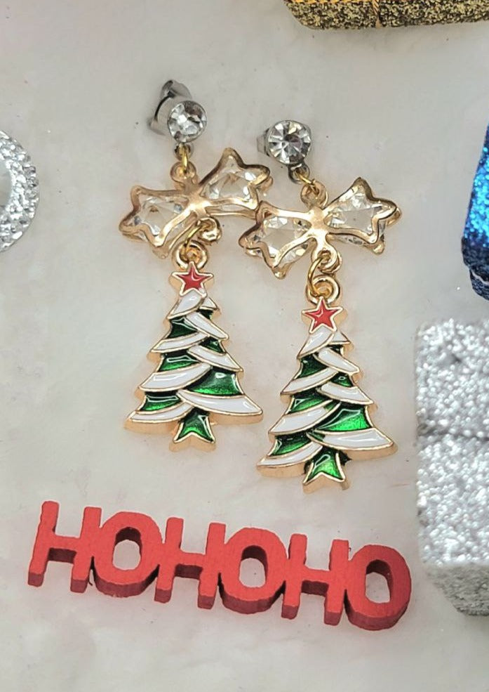 Christmas Tree Drop Earrings, Elegant Dangle for Holiday Parties, Shimmering Yuletide Accessory