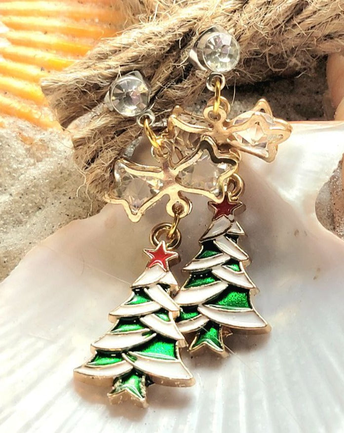 Christmas Tree Drop Earrings, Elegant Dangle for Holiday Parties, Shimmering Yuletide Accessory