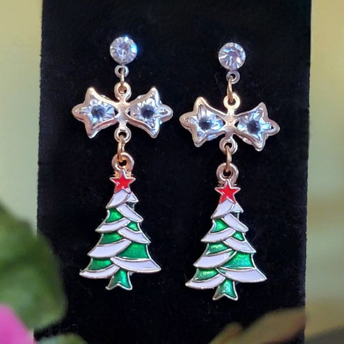 Christmas Tree Drop Earrings, Elegant Dangle for Holiday Parties, Shimmering Yuletide Accessory