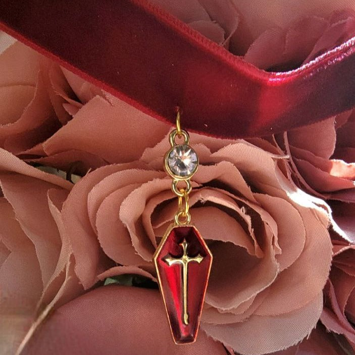 Blood Red & Gold Coffin Pendant, Thick Red Velvet Choker