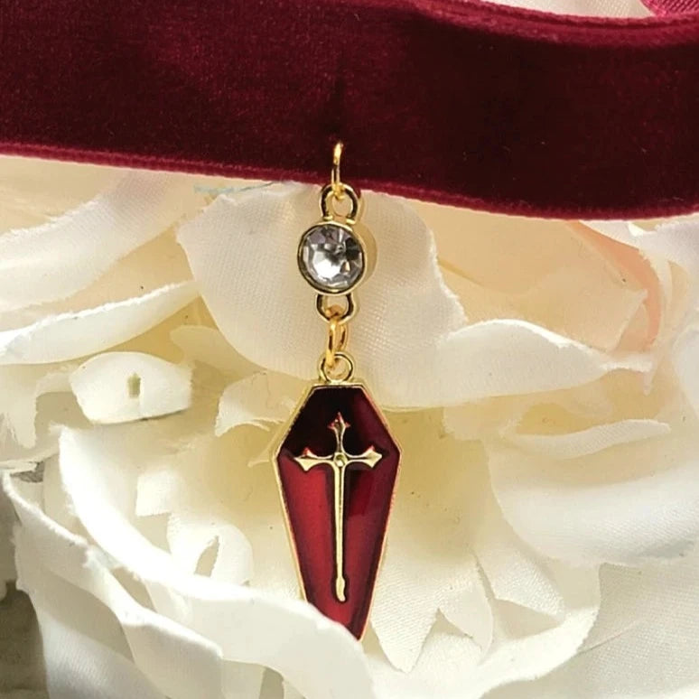 Blood Red & Gold Coffin Pendant, Thick Red Velvet Choker