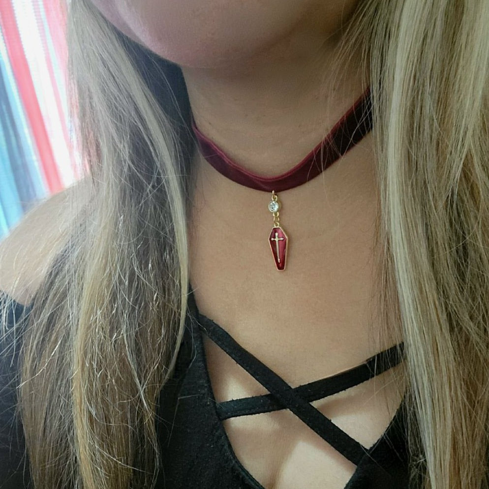 Blood Red & Gold Coffin Pendant, Thick Red Velvet Choker