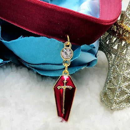 Blood Red & Gold Coffin Pendant, Thick Red Velvet Choker