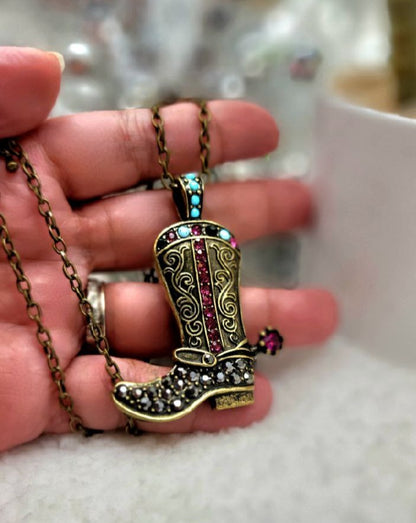 Cowboy Boot Jeweled Necklace, Bold Cowgirl Accessory