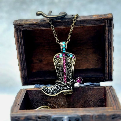 Cowboy Boot Jeweled Necklace, Bold Cowgirl Accessory