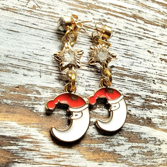 White Crescent Moon with Red Christmas Hat Earrings, Women's Holiday Jewelry, Sparkle & Shine