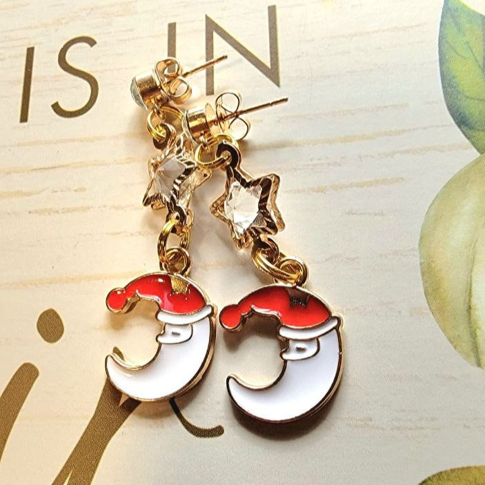 White Crescent Moon with Red Christmas Hat Earrings, Women's Holiday Jewelry, Sparkle & Shine