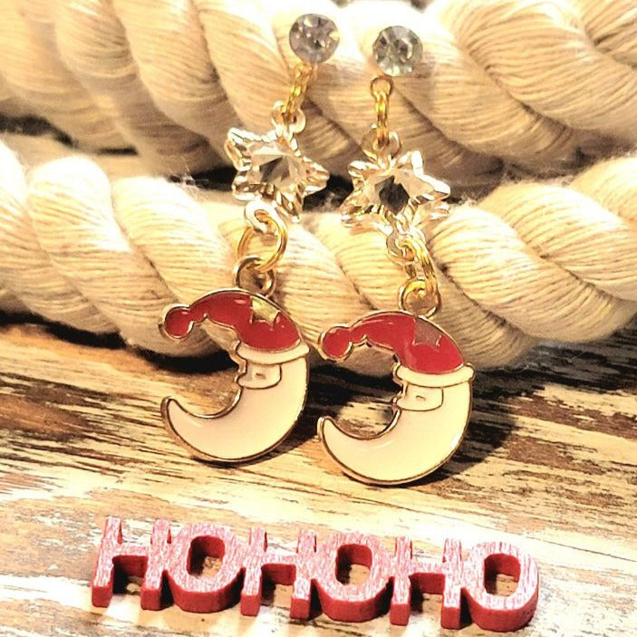 White Crescent Moon with Red Christmas Hat Earrings, Women's Holiday Jewelry, Sparkle & Shine