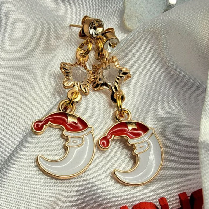 White Crescent Moon with Red Christmas Hat Earrings, Women's Holiday Jewelry, Sparkle & Shine