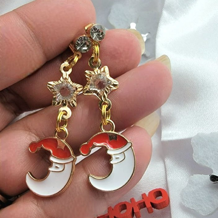 White Crescent Moon with Red Christmas Hat Earrings, Women's Holiday Jewelry, Sparkle & Shine