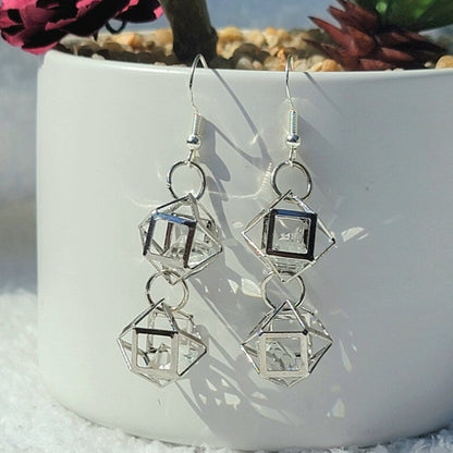 Crystal Cube Earrings, Glass Diamond Shaped Pendants, Shiny Dangling Drop