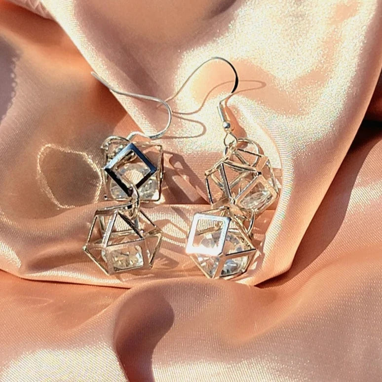 Crystal Cube Earrings, Glass Diamond Shaped Pendants, Shiny Dangling Drop