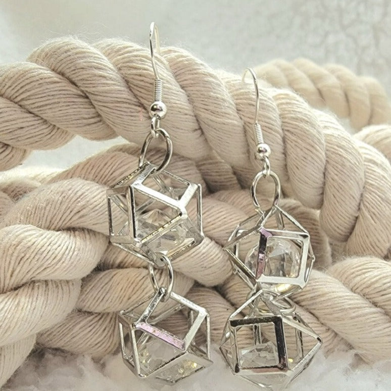 Crystal Cube Earrings, Glass Diamond Shaped Pendants, Shiny Dangling Drop