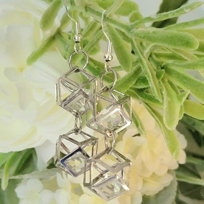 Crystal Cube Earrings, Glass Diamond Shaped Pendants, Shiny Dangling Drop