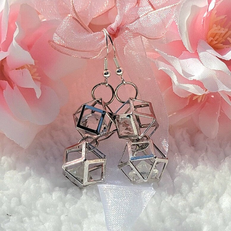 Crystal Cube Earrings, Glass Diamond Shaped Pendants, Shiny Dangling Drop