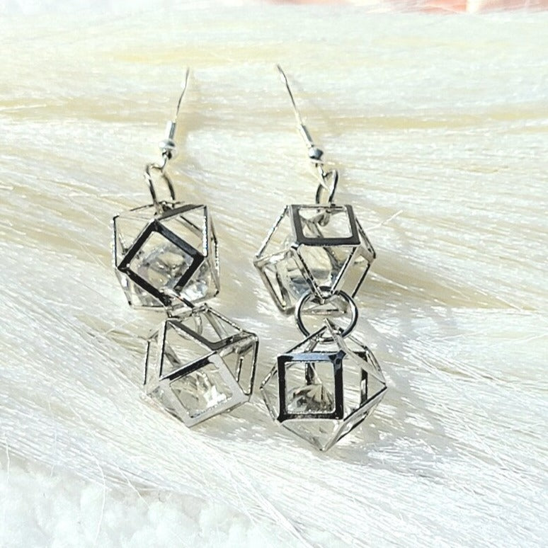 Crystal Cube Earrings, Glass Diamond Shaped Pendants, Shiny Dangling Drop