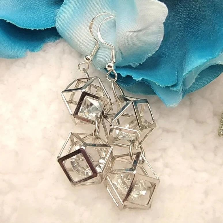 Crystal Cube Earrings, Glass Diamond Shaped Pendants, Shiny Dangling Drop