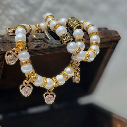 Elegant Faux Pearls & Heart Duo Bracelet Set, Dazzling Wrist Accessory w/ Reflective Charms