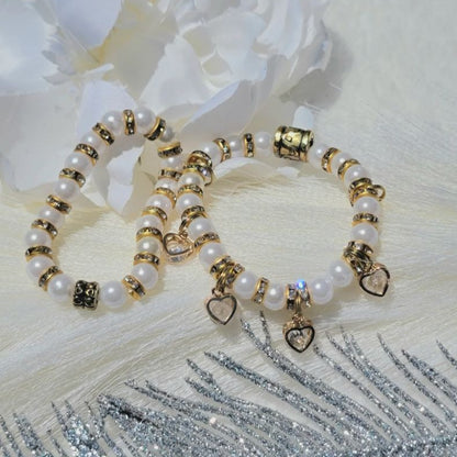 Elegant Faux Pearls & Heart Duo Bracelet Set, Dazzling Wrist Accessory w/ Reflective Charms