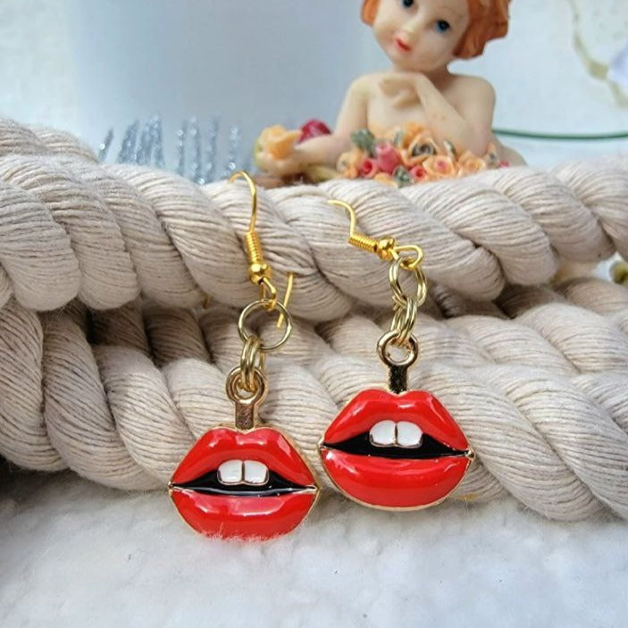 Playful Earrings for Casual Outing, Small Dangle for Kids, Lipstick Pendant, Pink Stilettoes Charm, Pink Ribbon Pendant