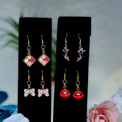 Playful Earrings for Casual Outing, Small Dangle for Kids, Lipstick Pendant, Pink Stilettoes Charm, Pink Ribbon Pendant