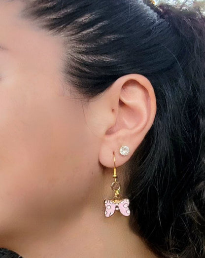 Playful Earrings for Casual Outing, Small Dangle for Kids, Lipstick Pendant, Pink Stilettoes Charm, Pink Ribbon Pendant