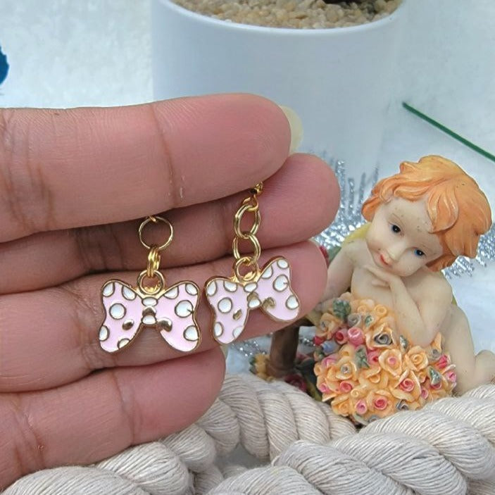 Playful Earrings for Casual Outing, Small Dangle for Kids, Lipstick Pendant, Pink Stilettoes Charm, Pink Ribbon Pendant