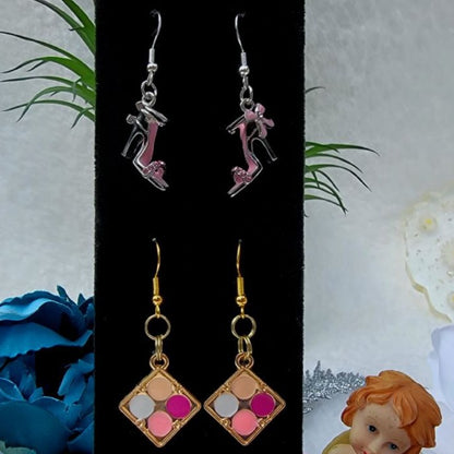 Playful Earrings for Casual Outing, Small Dangle for Kids, Lipstick Pendant, Pink Stilettoes Charm, Pink Ribbon Pendant