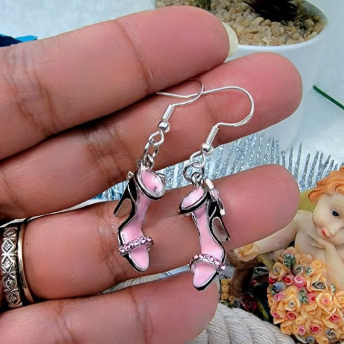 Playful Earrings for Casual Outing, Small Dangle for Kids, Lipstick Pendant, Pink Stilettoes Charm, Pink Ribbon Pendant