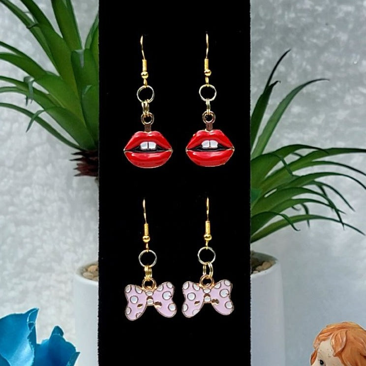 Playful Earrings for Casual Outing, Small Dangle for Kids, Lipstick Pendant, Pink Stilettoes Charm, Pink Ribbon Pendant