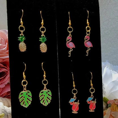 Summer Beach Earrings, Tropical Party Dangle, Festive Jewelry, Pink Flamingo Drop, Tropical Leaf Charm, Bloody Mary Pendant